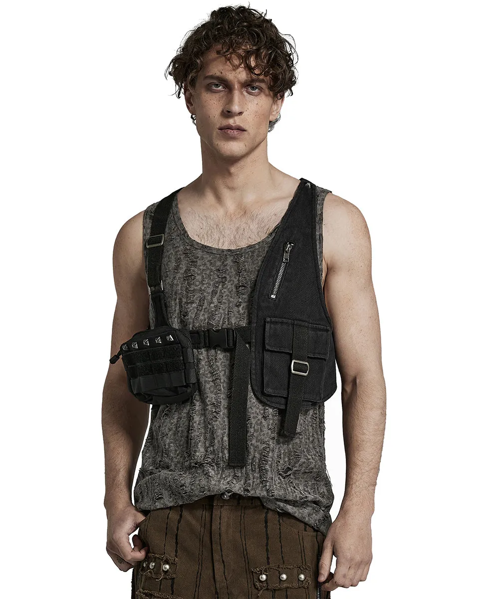 Punk Rave Mens Gothic Apocalyptic Tactical Utility Pockets Studded Harness Top