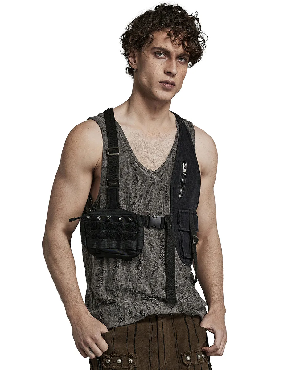 Punk Rave Mens Gothic Apocalyptic Tactical Utility Pockets Studded Harness Top
