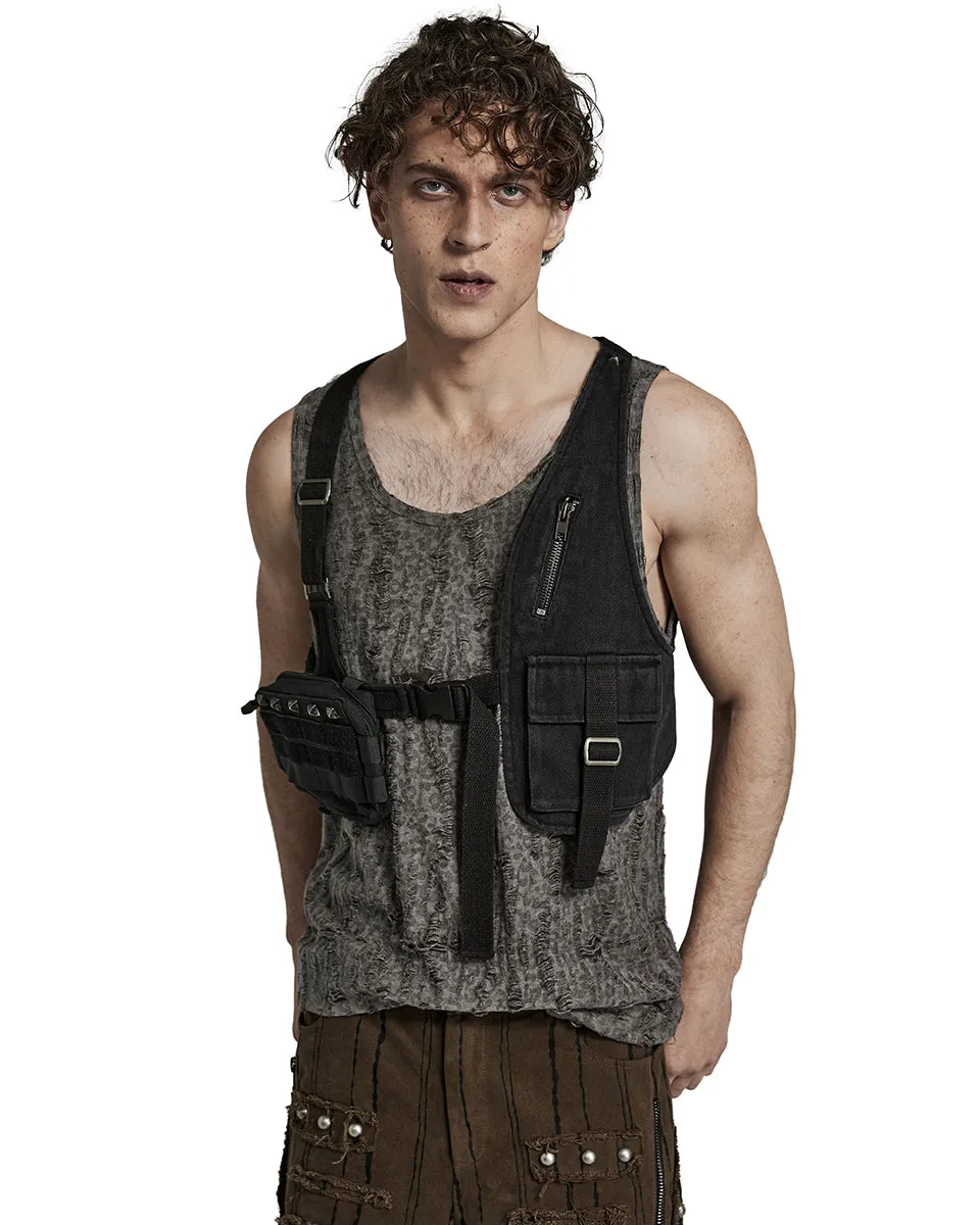 Punk Rave Mens Gothic Apocalyptic Tactical Utility Pockets Studded Harness Top
