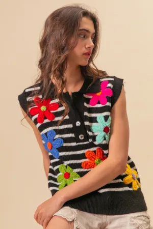 "Flower Patch" Half Button Sweater Vest