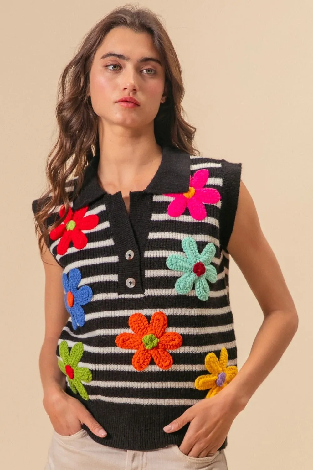 "Flower Patch" Half Button Sweater Vest