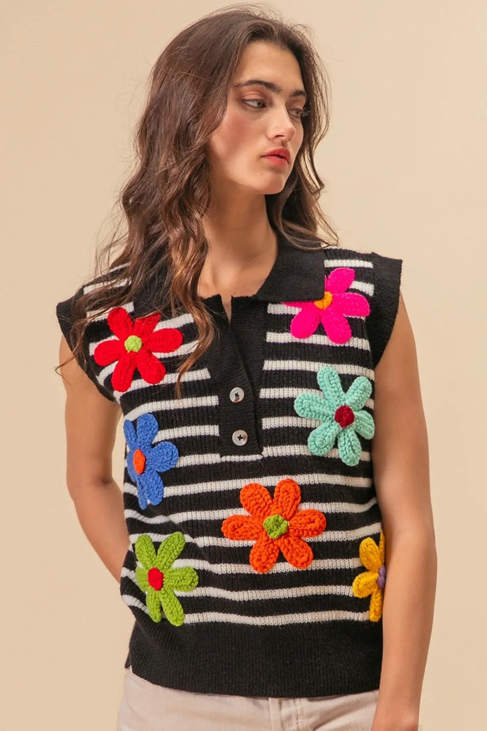 "Flower Patch" Half Button Sweater Vest