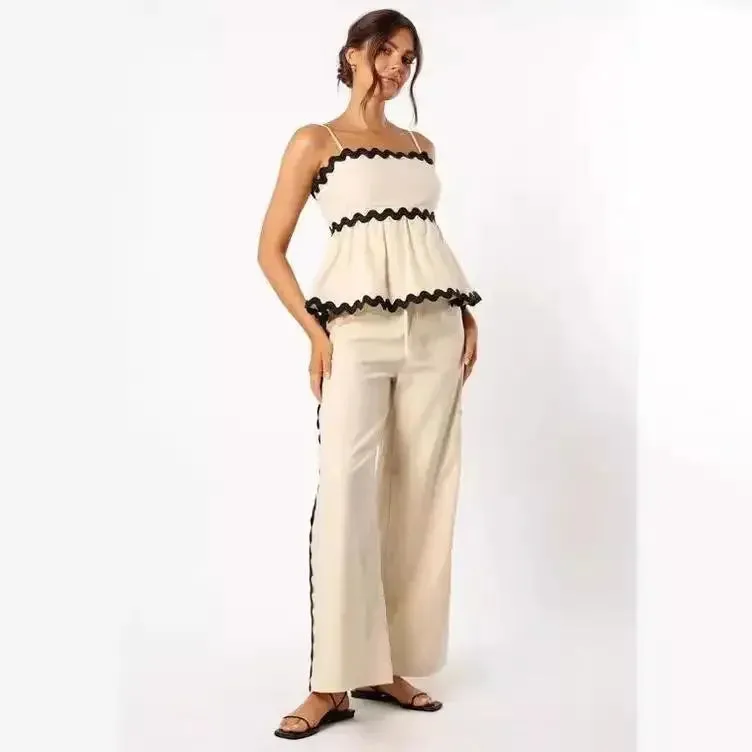 Ruffle Sling Top Two Piece Set Women Elegant Stripe Sleeveless Top Wide Leg Pants Female Suit Summer High Waist Lady Suits