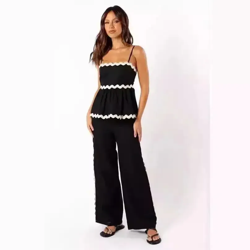 Ruffle Sling Top Two Piece Set Women Elegant Stripe Sleeveless Top Wide Leg Pants Female Suit Summer High Waist Lady Suits