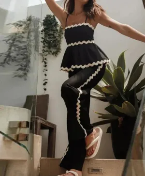 Ruffle Sling Top Two Piece Set Women Elegant Stripe Sleeveless Top Wide Leg Pants Female Suit Summer High Waist Lady Suits