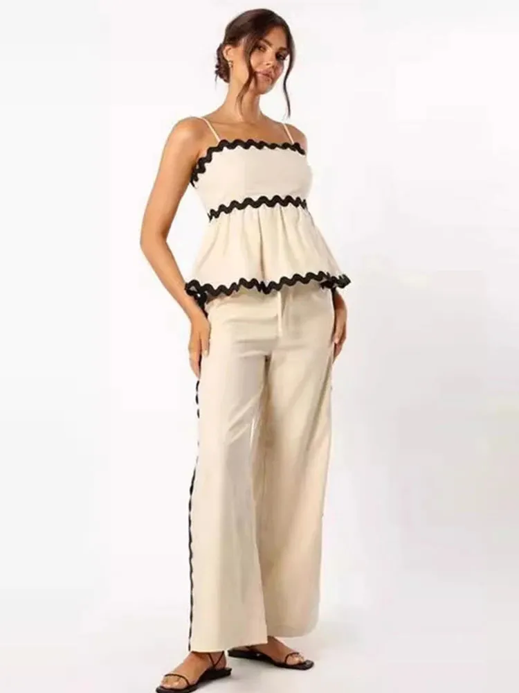 Ruffle Sling Top Two Piece Set Women Elegant Stripe Sleeveless Top Wide Leg Pants Female Suit Summer High Waist Lady Suits