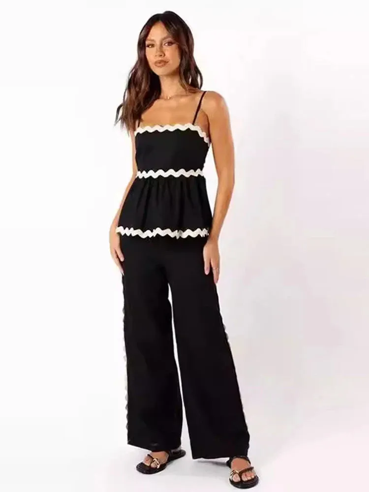 Ruffle Sling Top Two Piece Set Women Elegant Stripe Sleeveless Top Wide Leg Pants Female Suit Summer High Waist Lady Suits