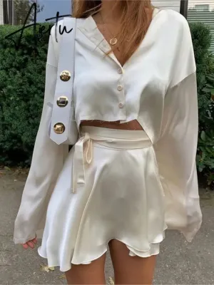 Satin Lantern Long Sleeves Skirt Blouse Set Elegant Lace Up High Waist White Tops Suits Women Sexy Sports Style Streetwear