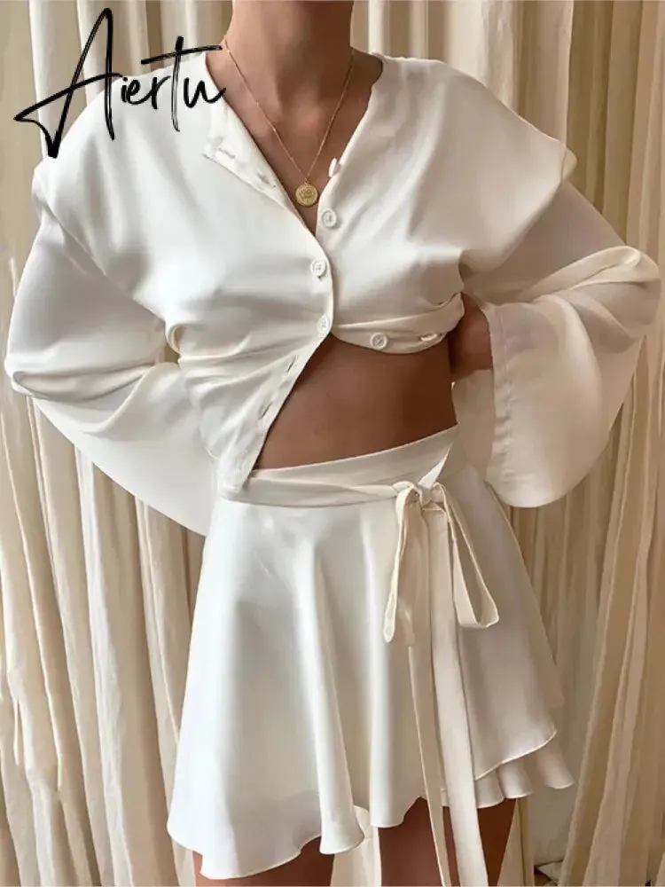 Satin Lantern Long Sleeves Skirt Blouse Set Elegant Lace Up High Waist White Tops Suits Women Sexy Sports Style Streetwear