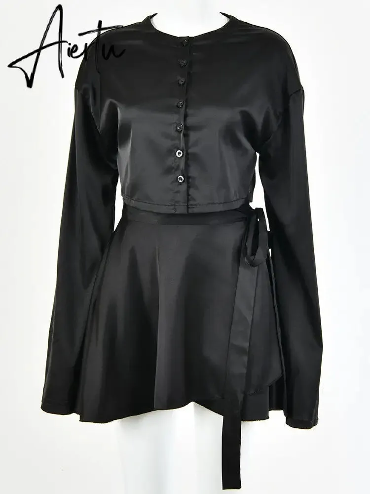 Satin Lantern Long Sleeves Skirt Blouse Set Elegant Lace Up High Waist White Tops Suits Women Sexy Sports Style Streetwear