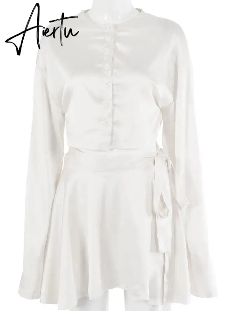Satin Lantern Long Sleeves Skirt Blouse Set Elegant Lace Up High Waist White Tops Suits Women Sexy Sports Style Streetwear