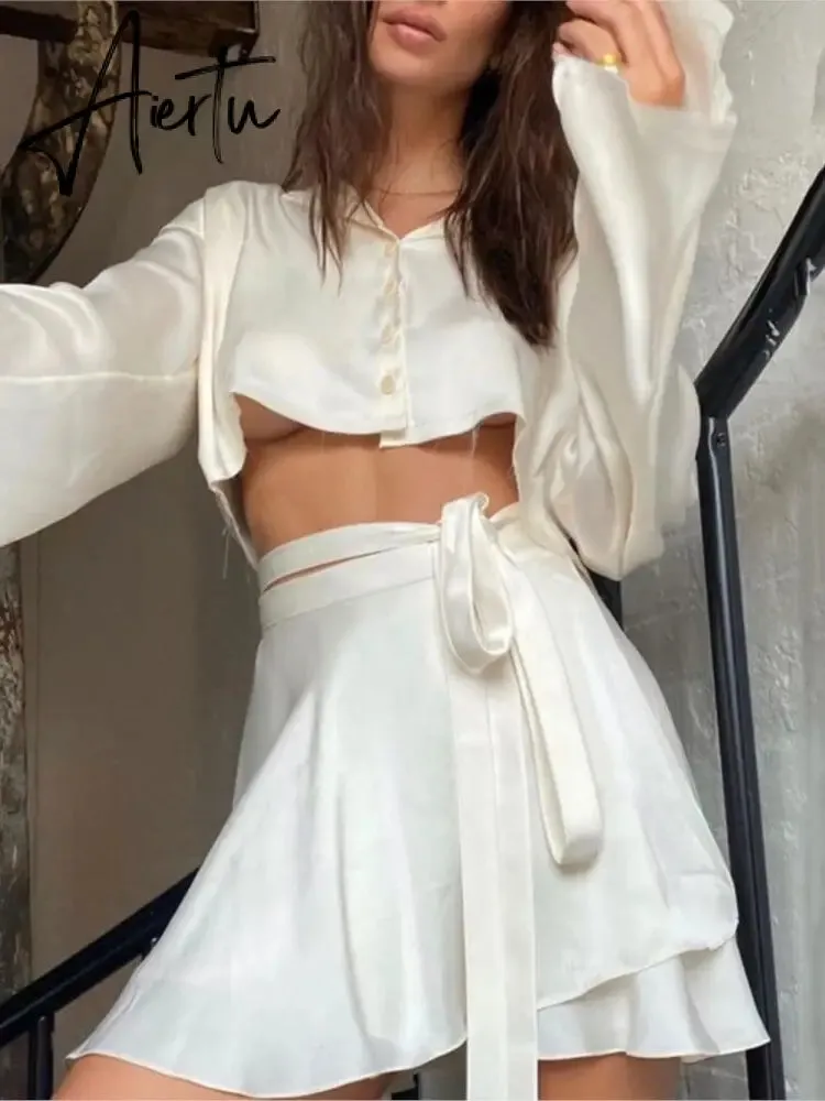 Satin Lantern Long Sleeves Skirt Blouse Set Elegant Lace Up High Waist White Tops Suits Women Sexy Sports Style Streetwear