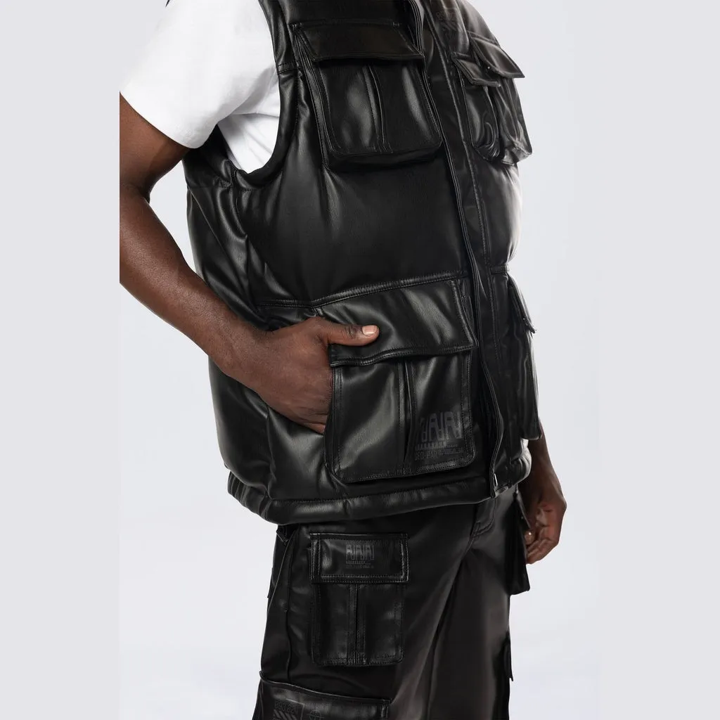 Utility Vegan Leather Vest - Black