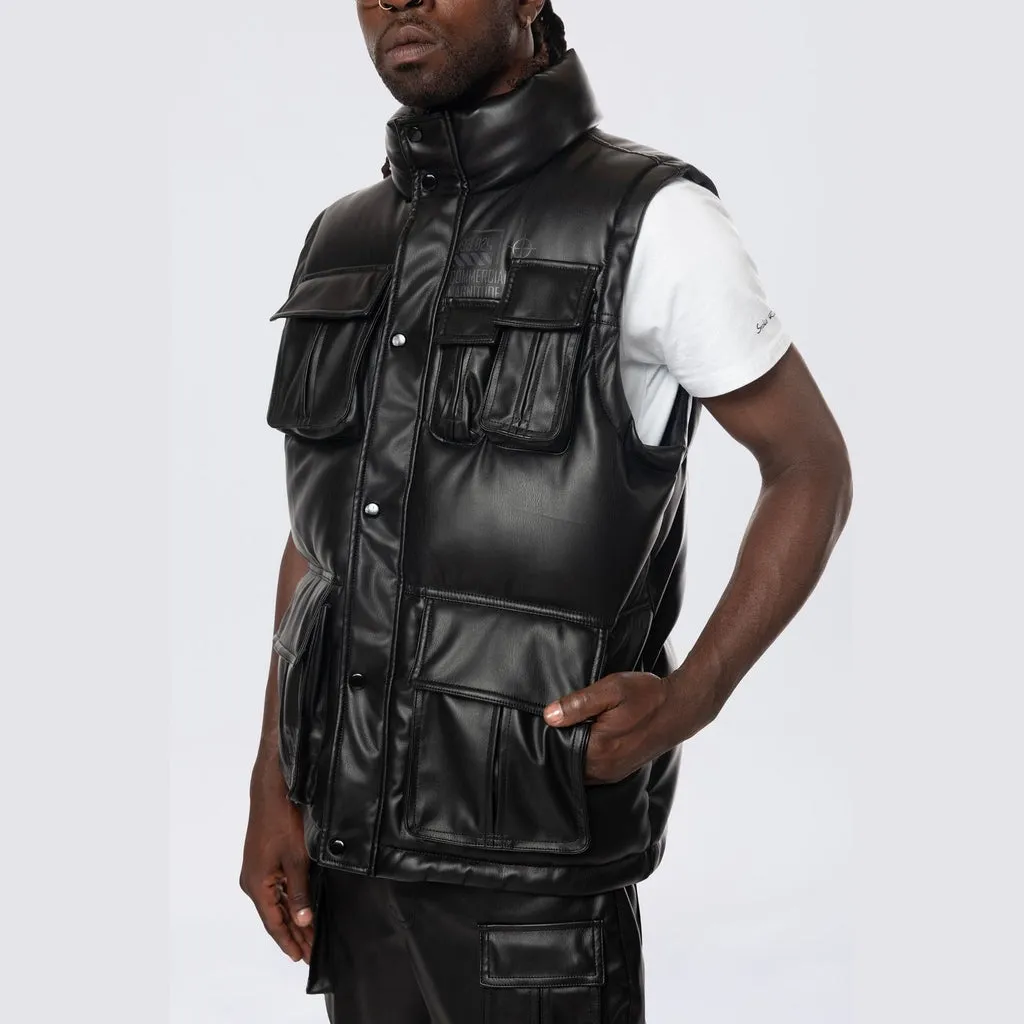 Utility Vegan Leather Vest - Black