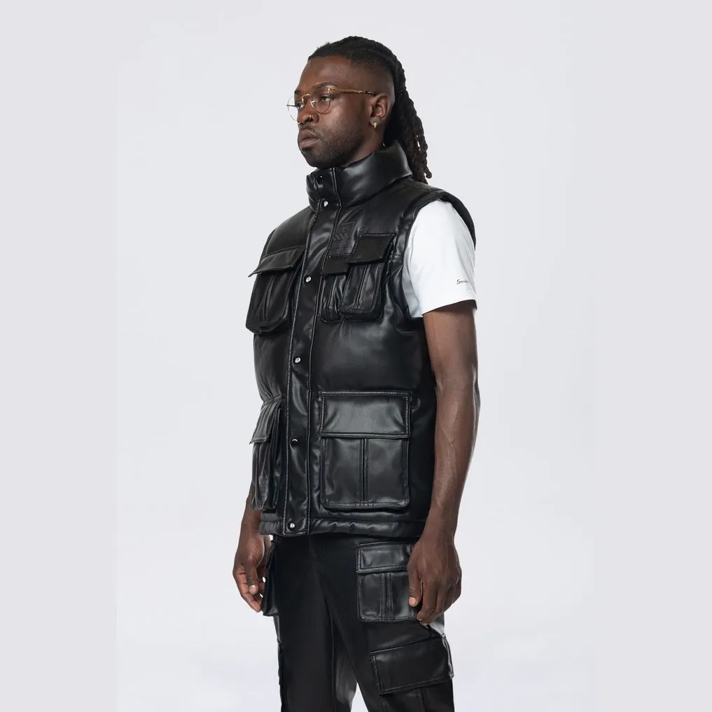 Utility Vegan Leather Vest - Black