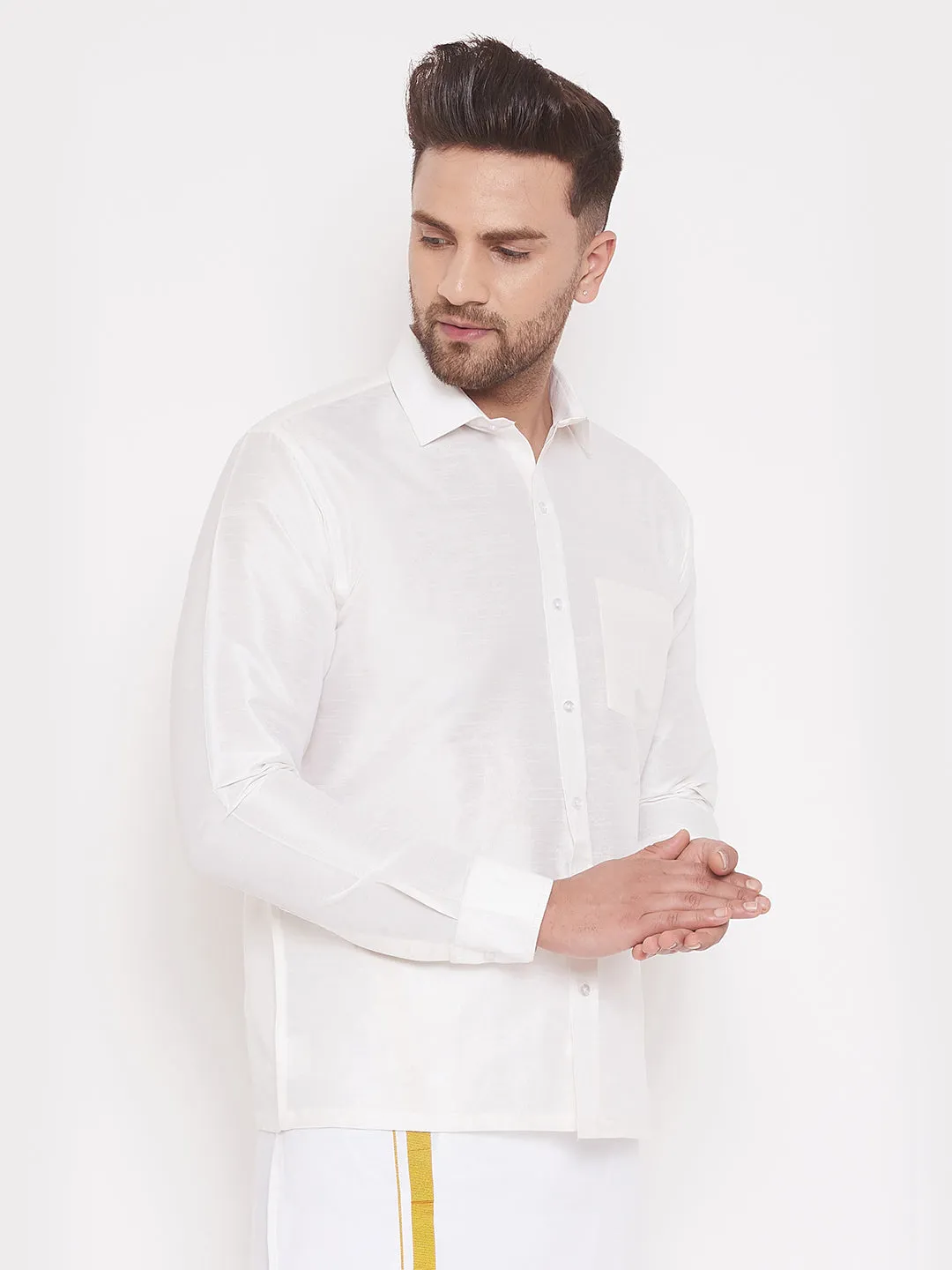 VASTRAMAY Men's & Boys White Solid Silk Blend Full Sleeve Ethnic Shirt