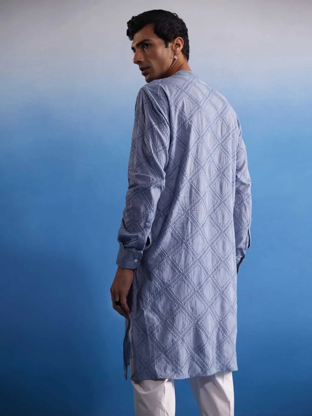 VASTRAMAY Men's Aqua Blue Cotton Kurta Set