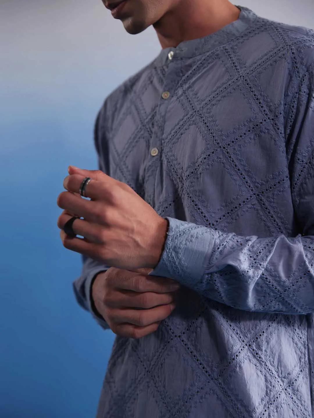 VASTRAMAY Men's Aqua Blue Cotton Kurta Set
