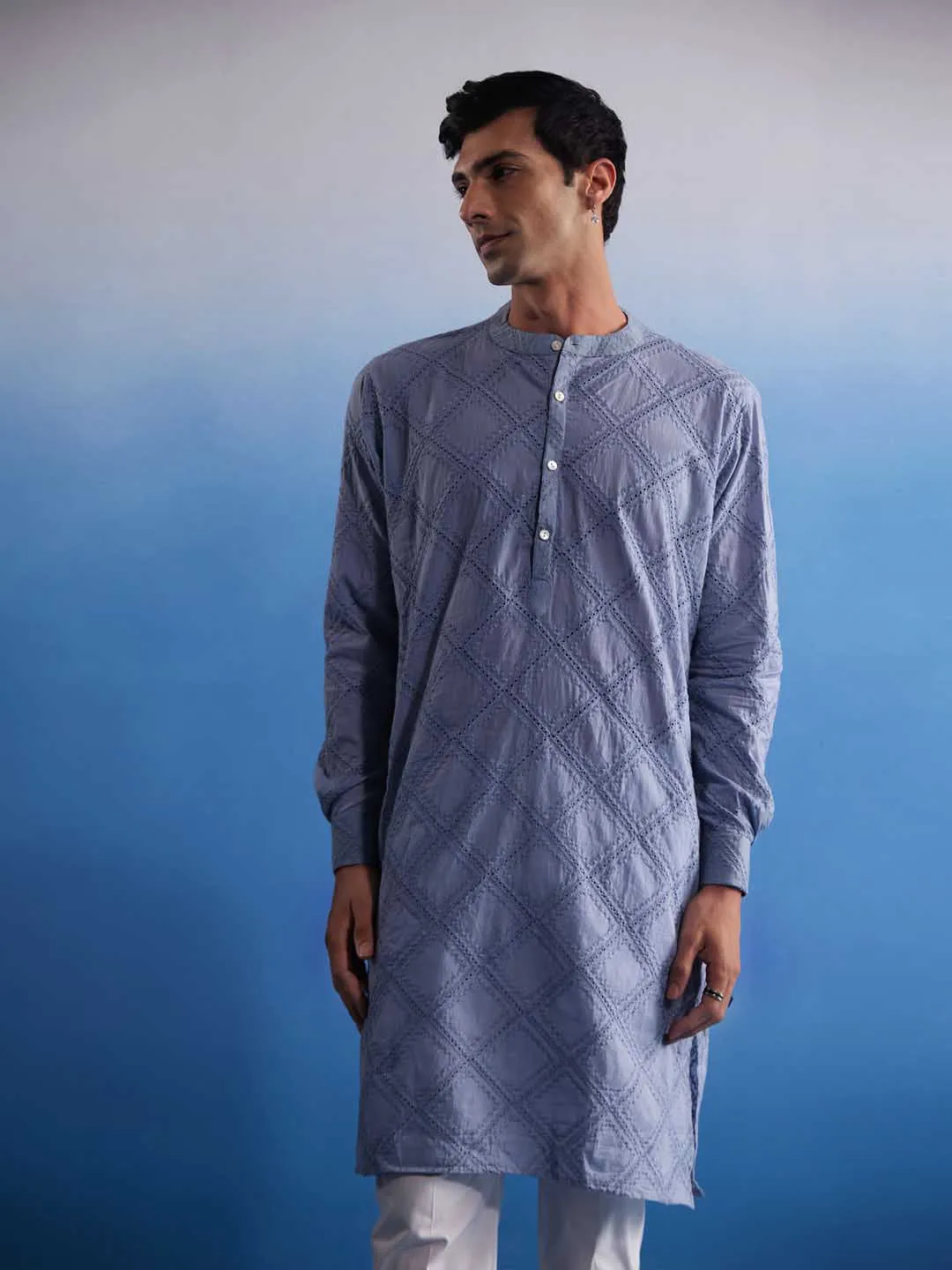 VASTRAMAY Men's Aqua Blue Cotton Kurta Set