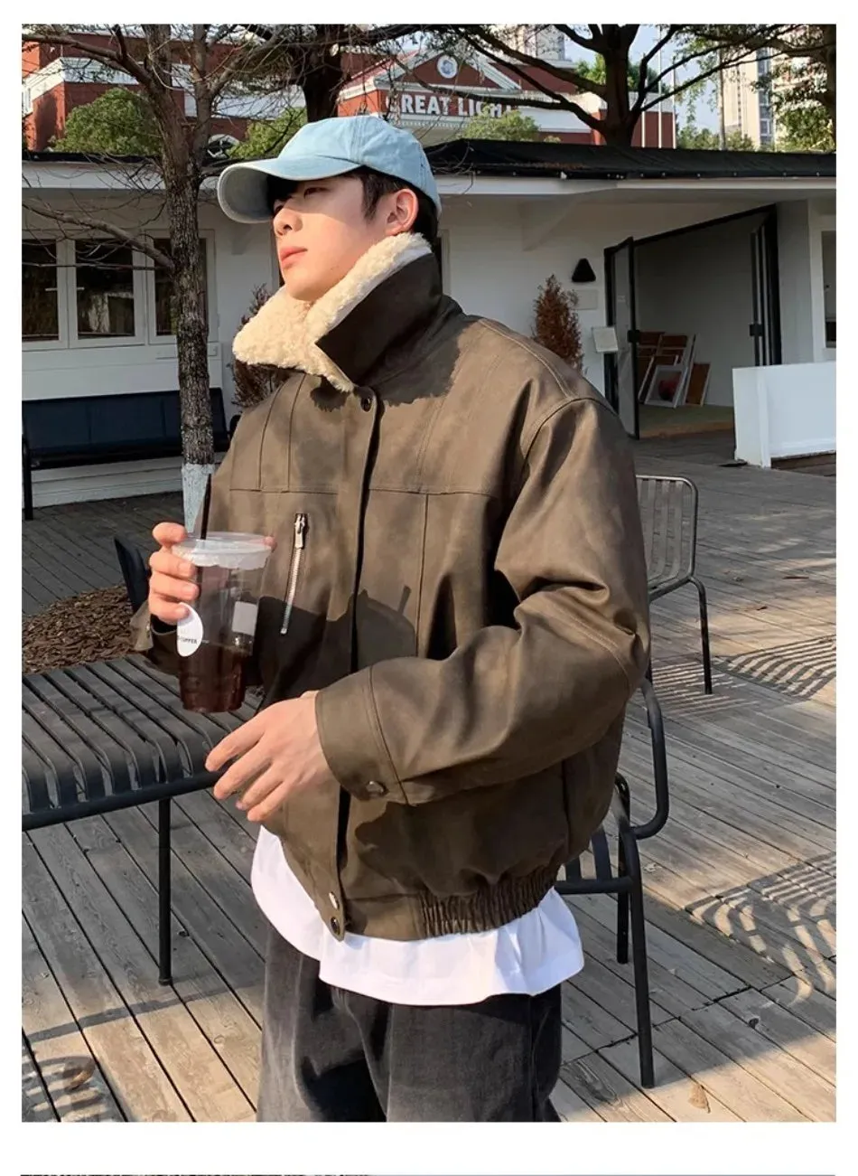 WIAOFELLAS  -  Winter Thickening Motorcycle Cotton Jacket Mens Fleece Warm Hip Hop Hip Hop Fur Collar Male Coats Brown Zipper Short Parkas