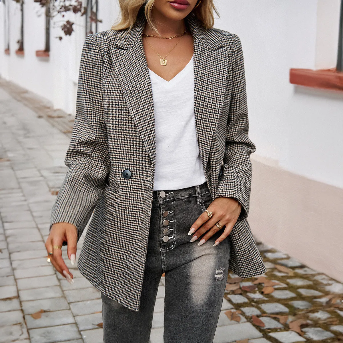 Winter Contrast Lapel Button Blazer Wholesale Women's Coats & Jackets N3824073100085