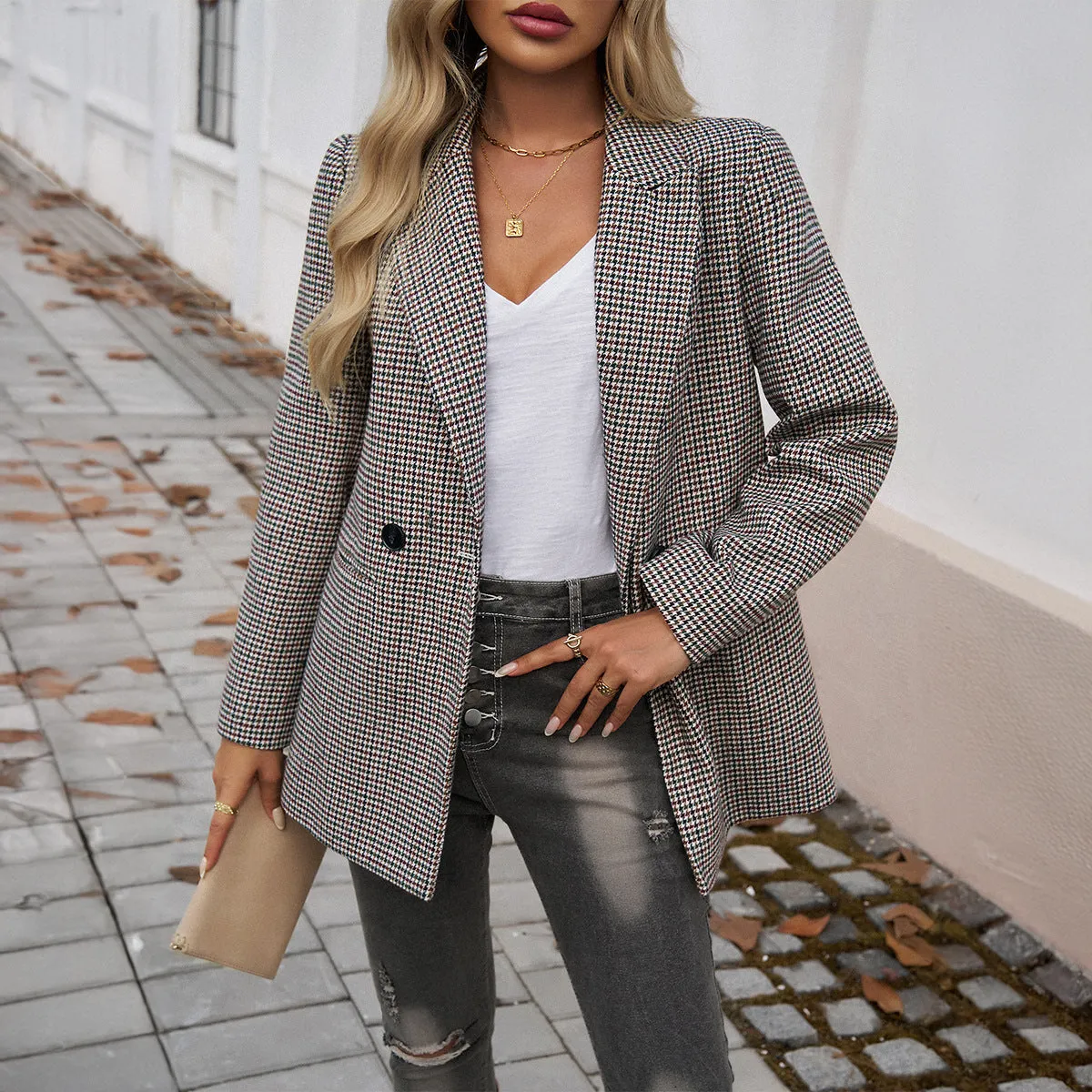 Winter Contrast Lapel Button Blazer Wholesale Women's Coats & Jackets N3824073100085