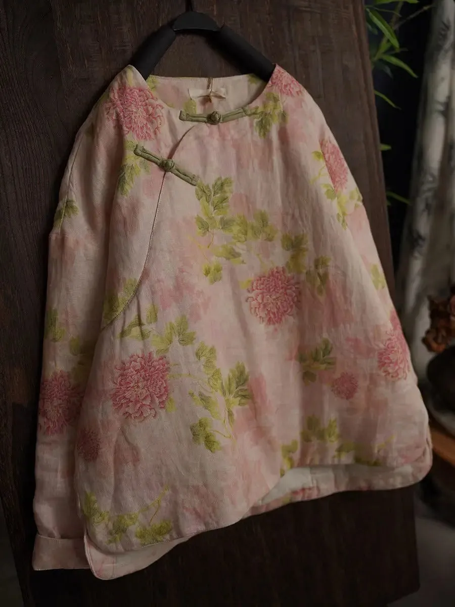 Women Flower Linen Padded Coat