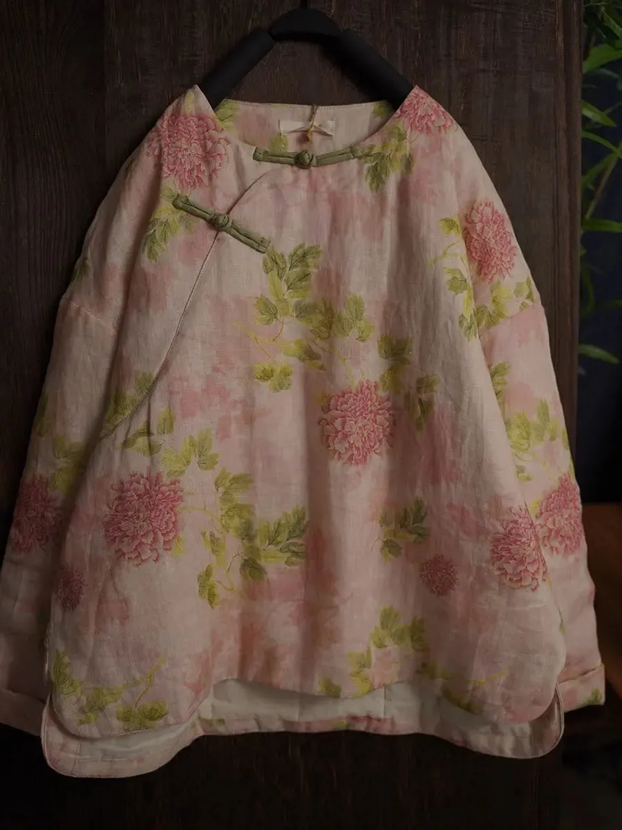 Women Flower Linen Padded Coat