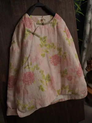 Women Flower Linen Padded Coat