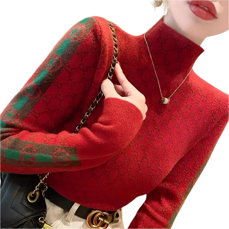 Women's Chic Letter Jacquard Sweater - Half High Collar Slim Fit Wool Knitwear Pullover for Autumn & Winter Fashion