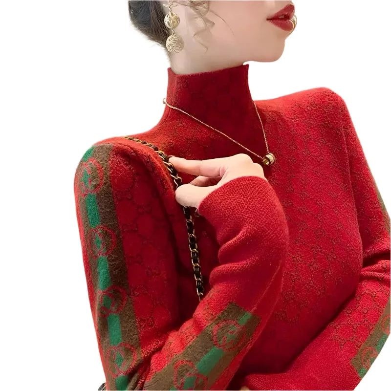 Women's Chic Letter Jacquard Sweater - Half High Collar Slim Fit Wool Knitwear Pullover for Autumn & Winter Fashion