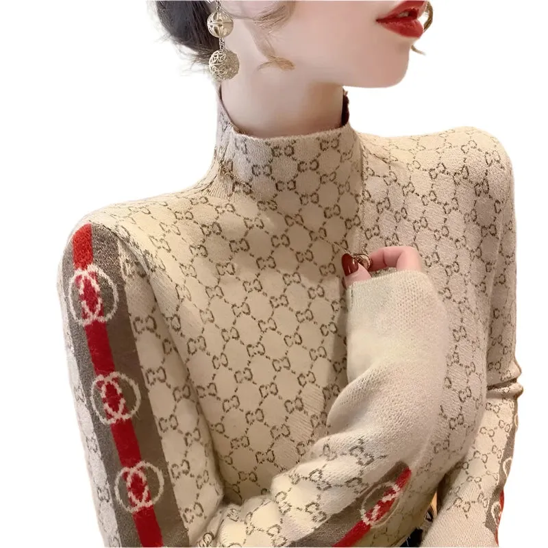 Women's Chic Letter Jacquard Sweater - Half High Collar Slim Fit Wool Knitwear Pullover for Autumn & Winter Fashion