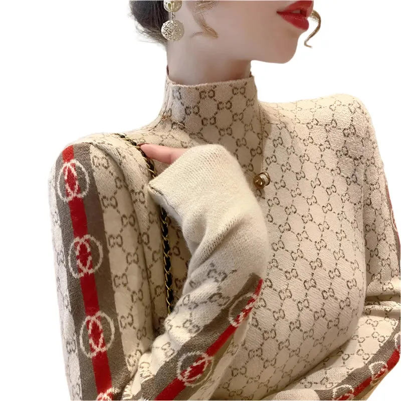 Women's Chic Letter Jacquard Sweater - Half High Collar Slim Fit Wool Knitwear Pullover for Autumn & Winter Fashion