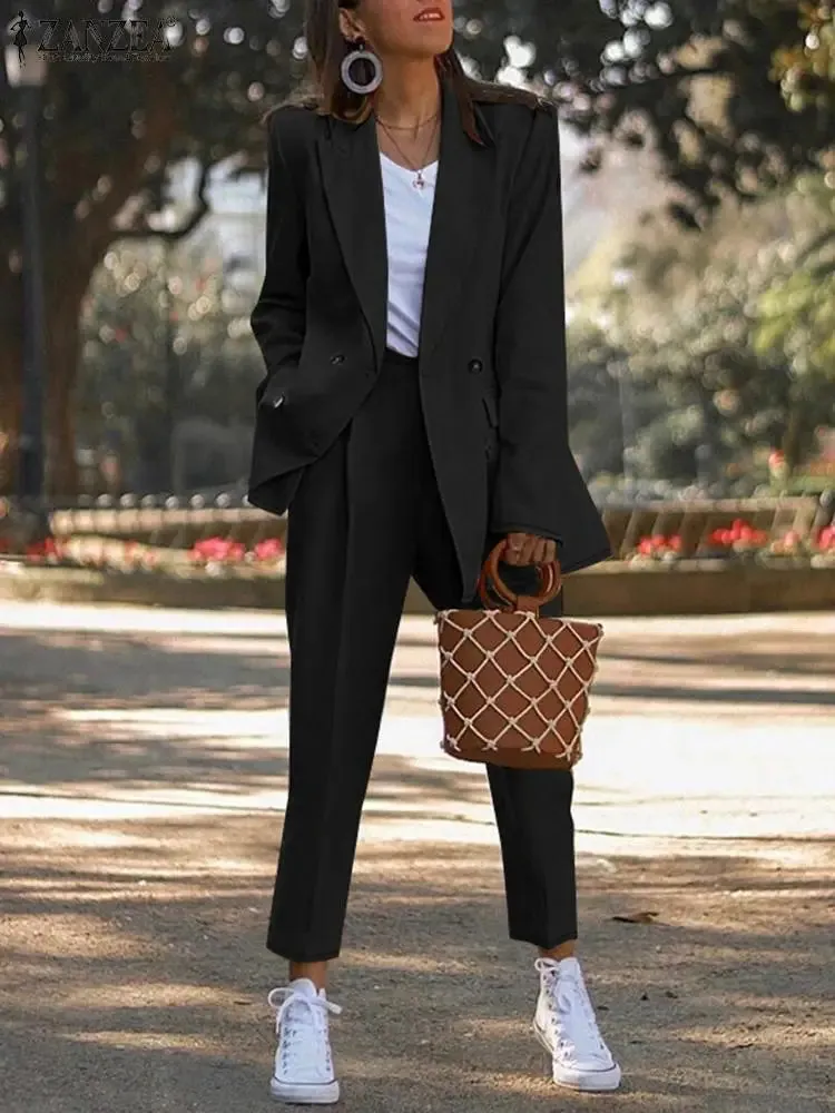 ZANZEA Casual Long Pants Outfit  Women Two Piece Sets Fashion Long Sleeve Lapel Blazer Suits Elegant Office Lady Matching Sets