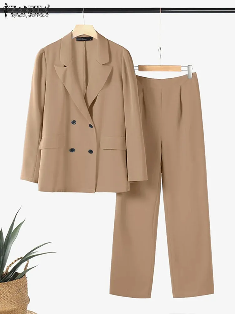 ZANZEA Casual Long Pants Outfit  Women Two Piece Sets Fashion Long Sleeve Lapel Blazer Suits Elegant Office Lady Matching Sets