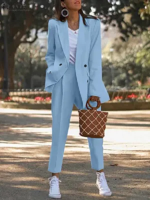 ZANZEA Casual Long Pants Outfit  Women Two Piece Sets Fashion Long Sleeve Lapel Blazer Suits Elegant Office Lady Matching Sets