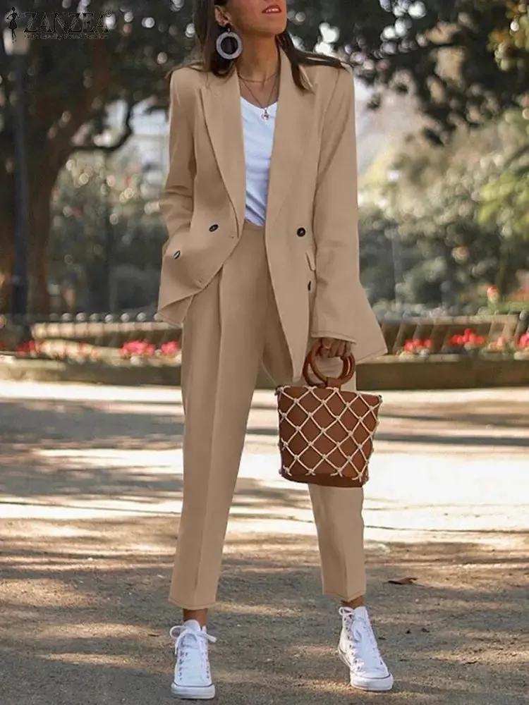 ZANZEA Casual Long Pants Outfit  Women Two Piece Sets Fashion Long Sleeve Lapel Blazer Suits Elegant Office Lady Matching Sets